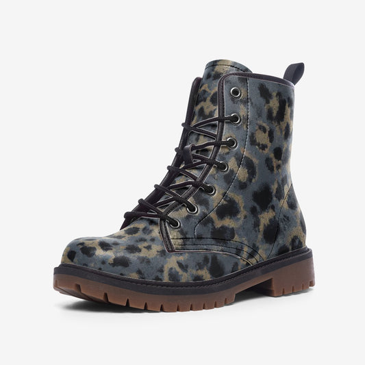 Vampire Art Wild Grunge Leopard Unisex Vegan Leather Combat Boots - Dusty Blue - US size