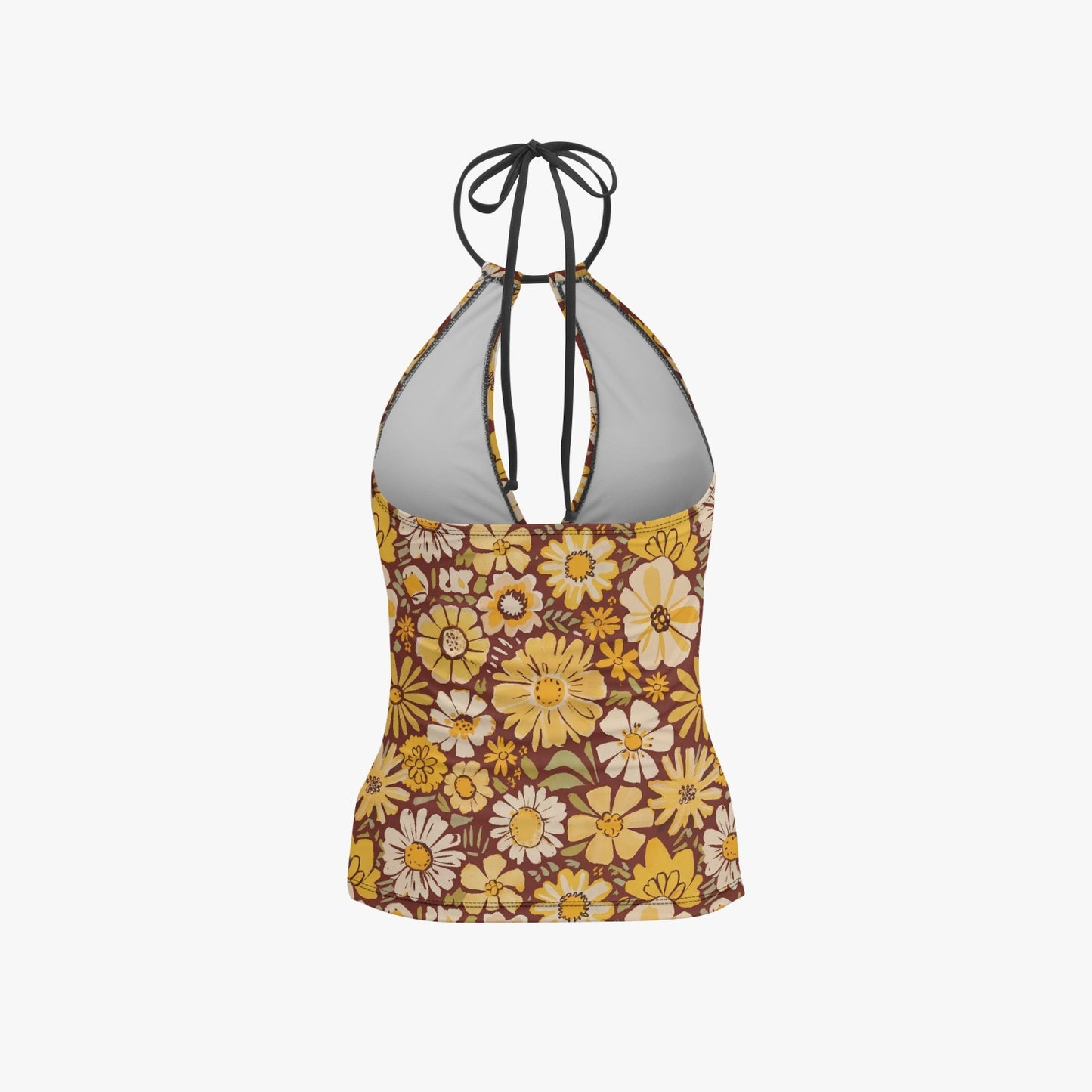 Vampire Art Retro Halter Two-Piece Tankini Swimsuit - Boho Florals in Brown and Yellow