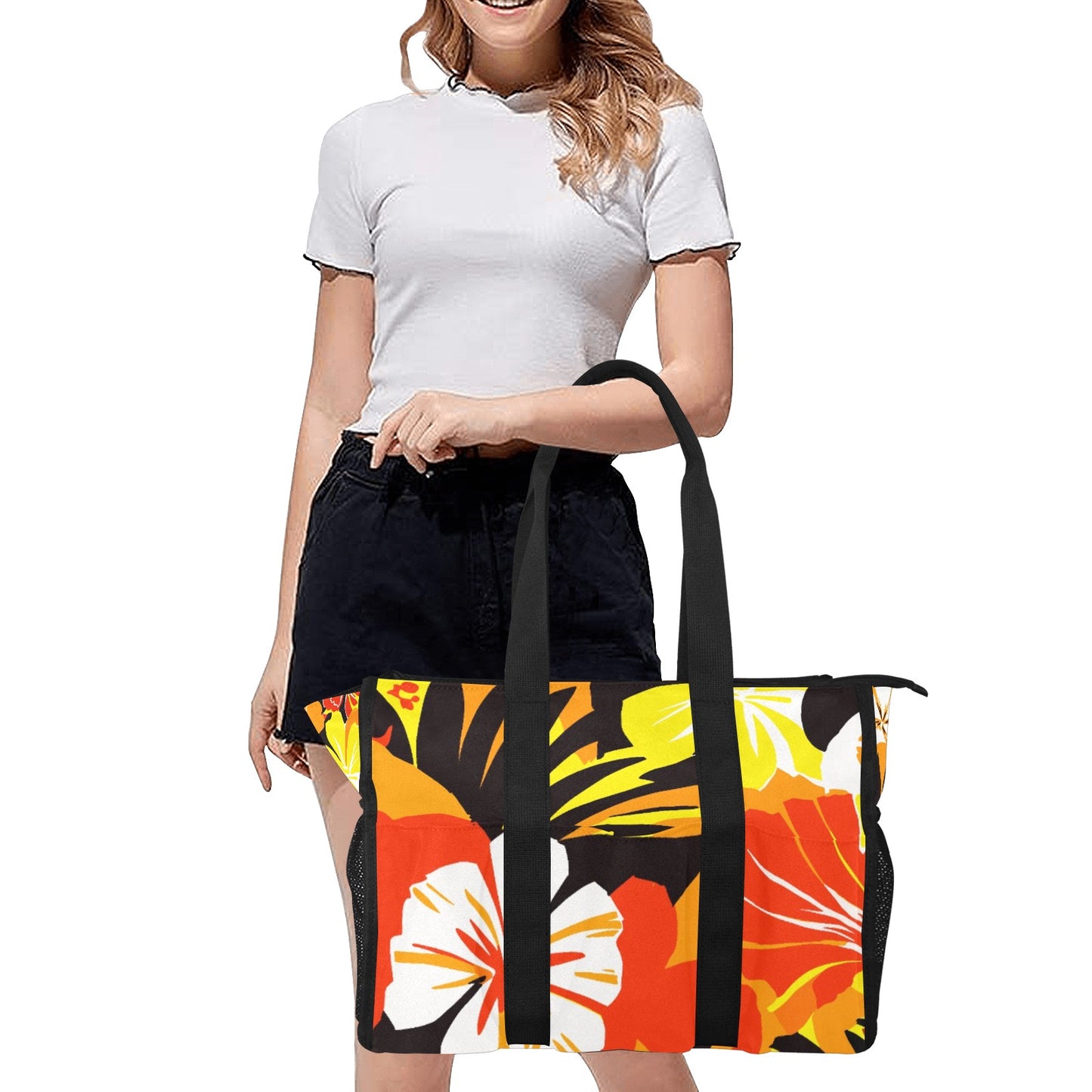 Vampire Art Retro Large Multi-pocket Beach Bag - Bold Sixties Florals in Yellows and Reds