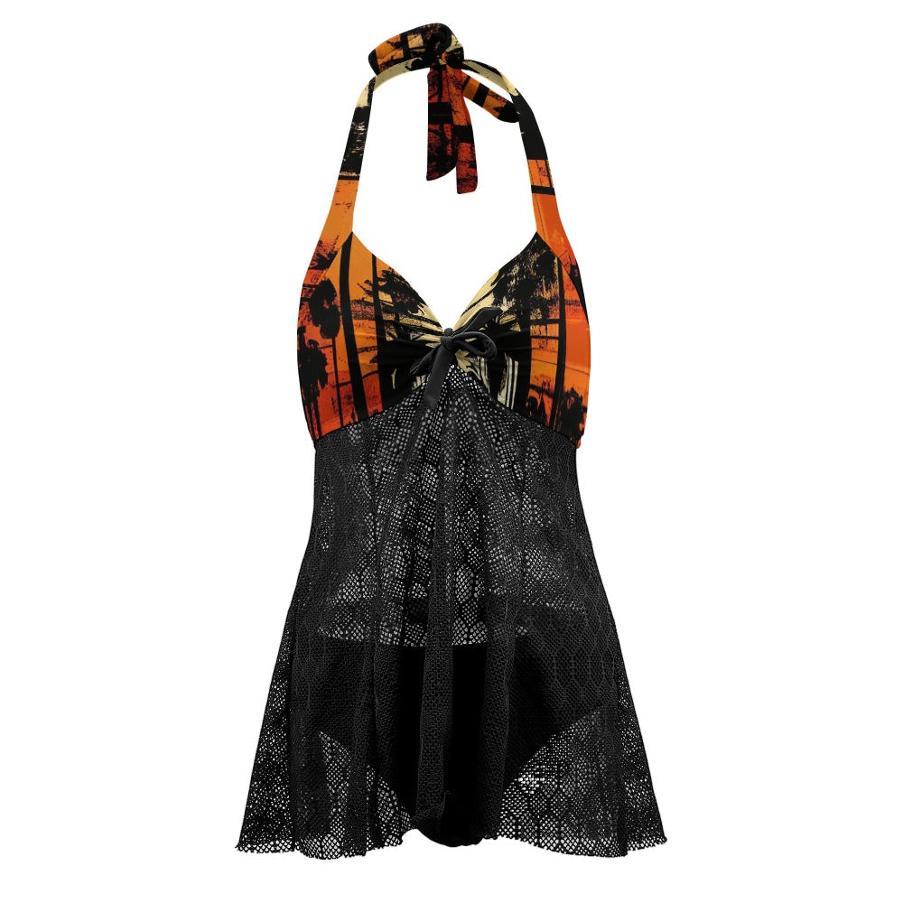 Vampire Art Goth Halter Two Piece Mesh Tankini Swimsuit - Sunset Boulevard