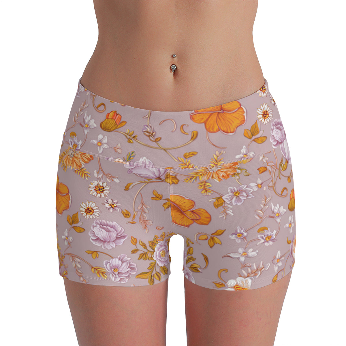 Vampire Art Retro Yoga Cycling Sports Shorts - Mauve and Orange Florals