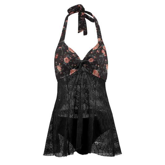 Vampire Art Goth Halter Two Piece Mesh Tankini Swimsuit - Classic Roses