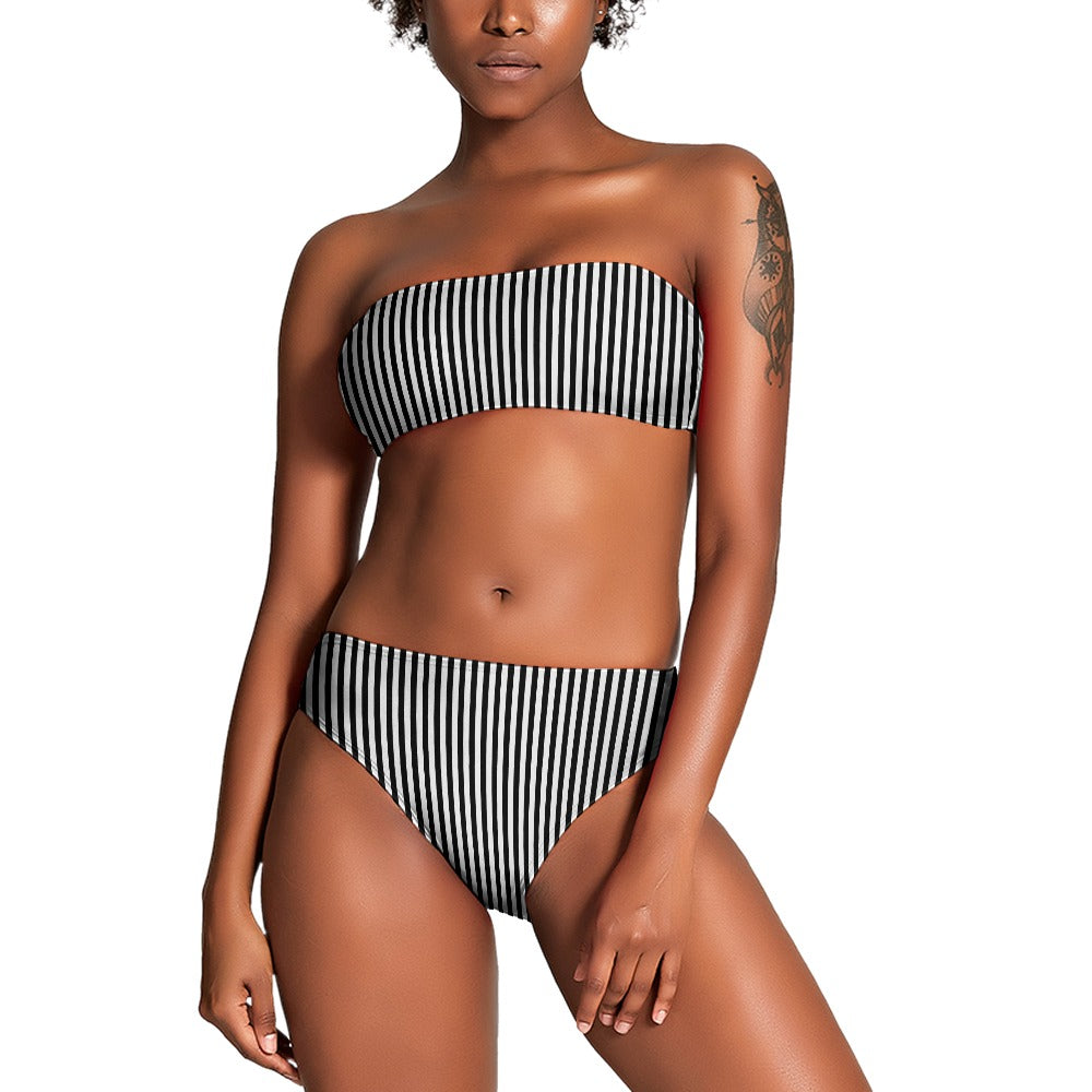 Vampire Art Two Piece Bandeau Strapless Retro Bikinis Swimsuit - Preppy Black and White Vertical Stripes