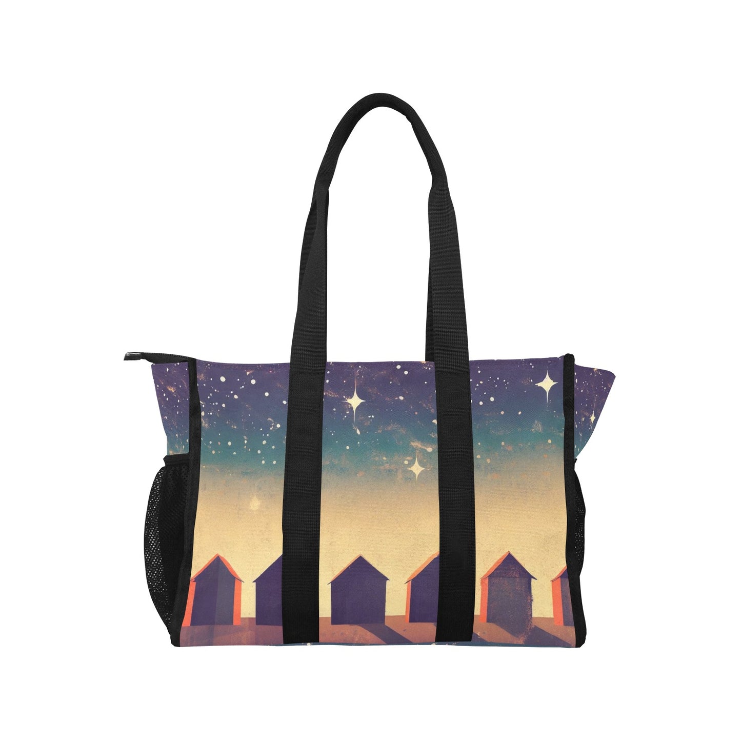 Vampire Art Retro Large Multi-pocket Beach Bag - Vintage Beach Huts at Night