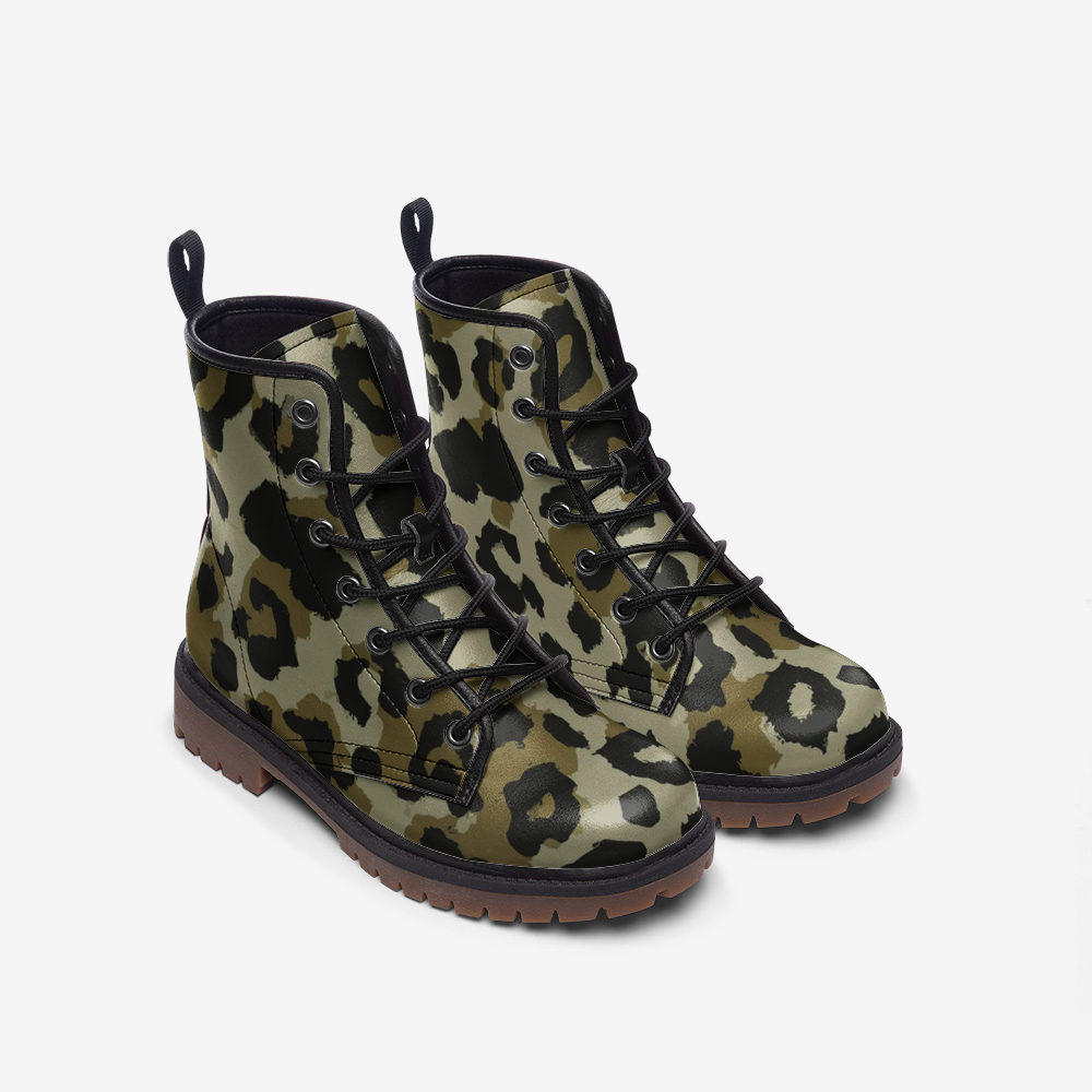 Vampire Art Wild Grunge Leopard Unisex Vegan Leather Combat Boots - Beige - US size