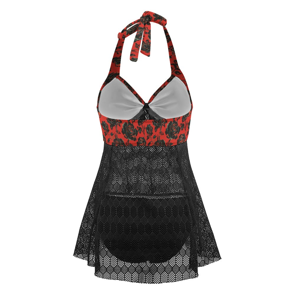 Vampire Art Goth Halter Two Piece Mesh Tankini Swimsuit - Red and Black Roses