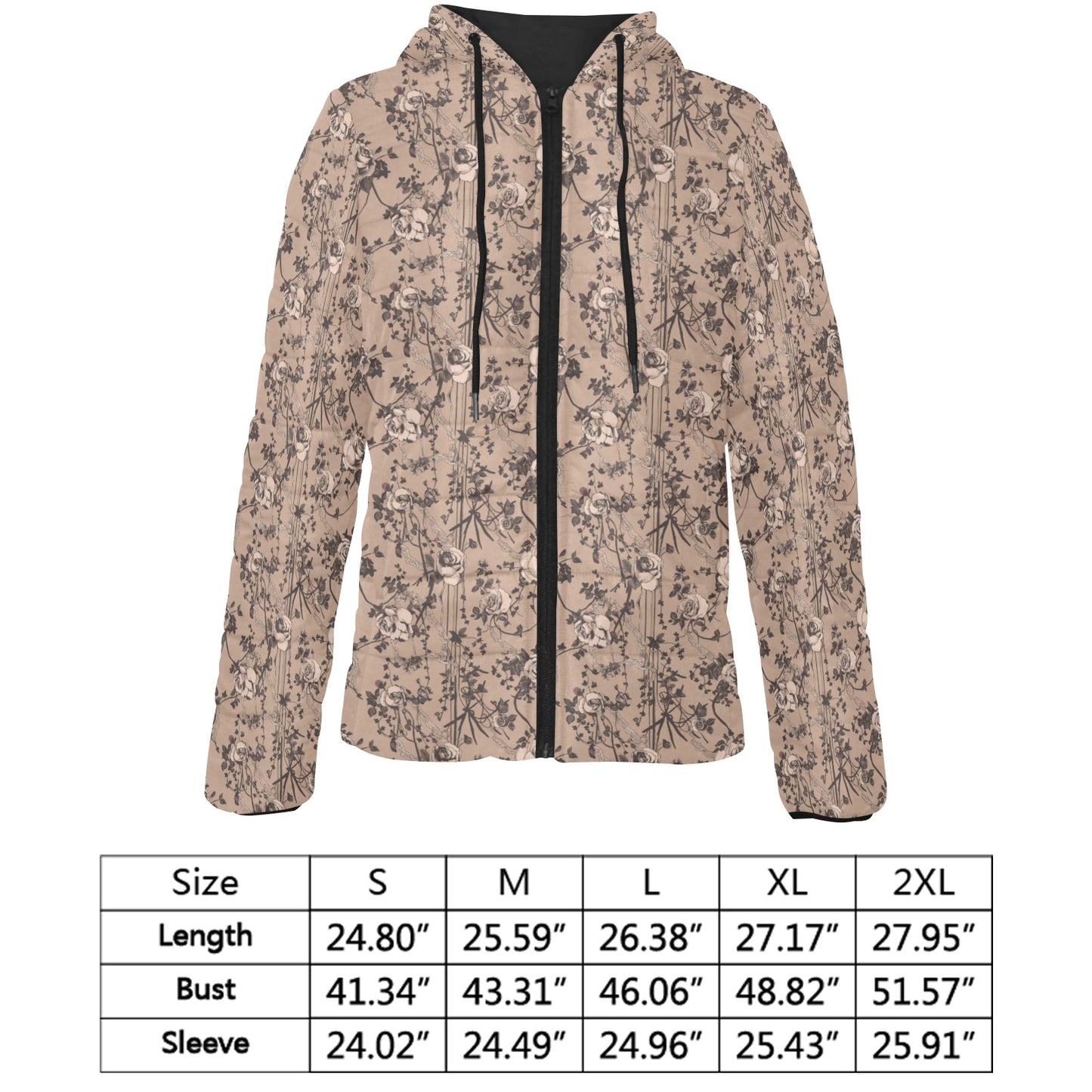 Vampire Art Urban Gothic Women's Padded Hooded Jacket - Floral Beige