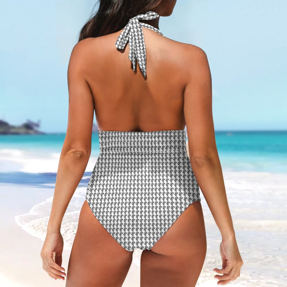 Vampire Art Retro Chic Deep V high-waisted One-piece Swimsuit - Charcoal Grey Houndstooth