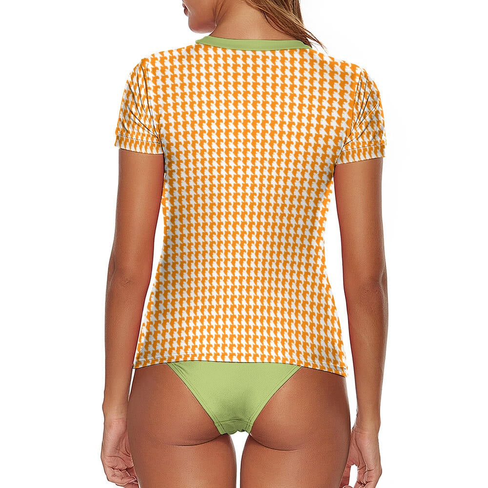 Vampire Art Retro Short Sleeve Two Piece Bikini Suit - Two-Tone Orange and Green Houndstooth