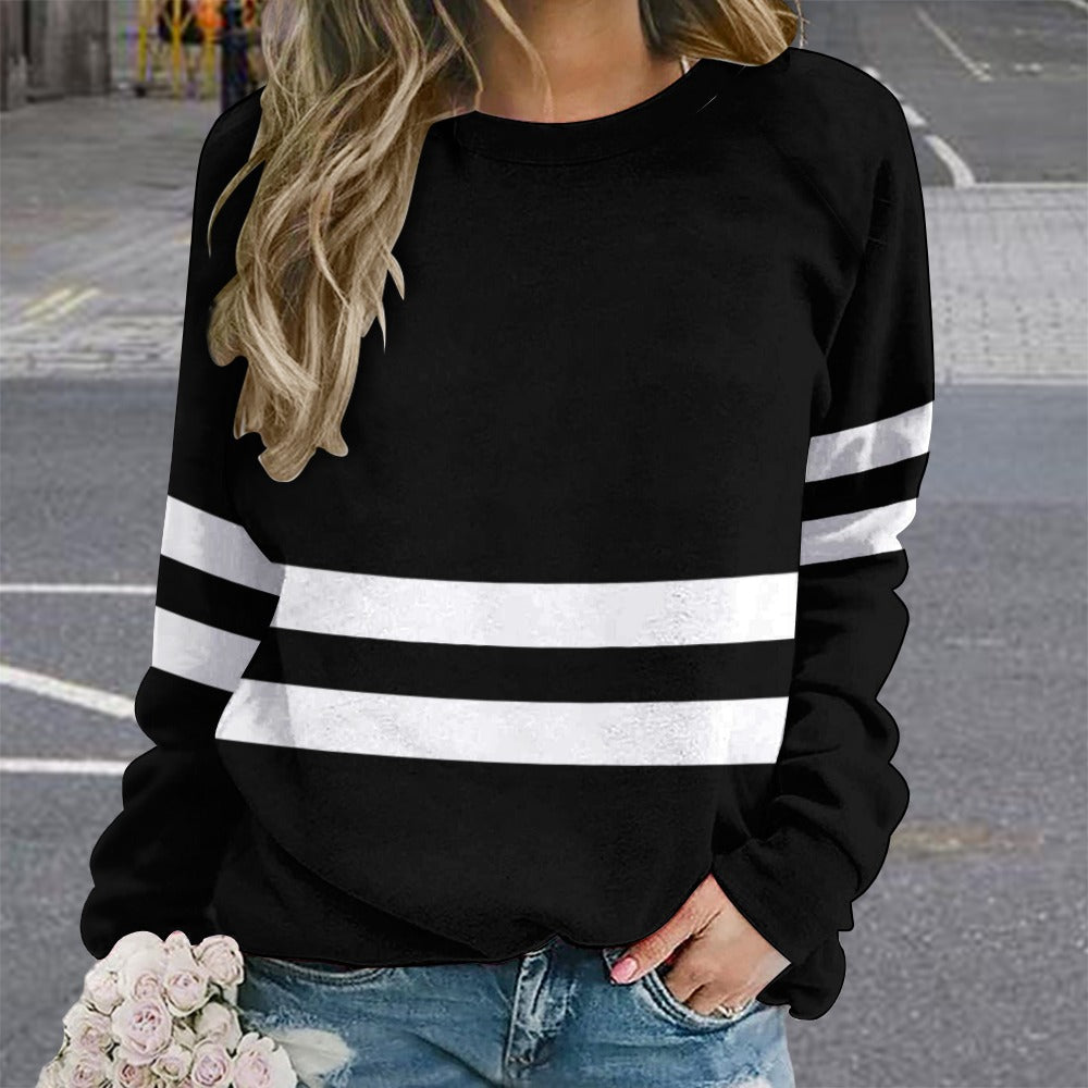 Vampire Art Retro Sixties Black with White Stripes Raglan Round Neck Sweater