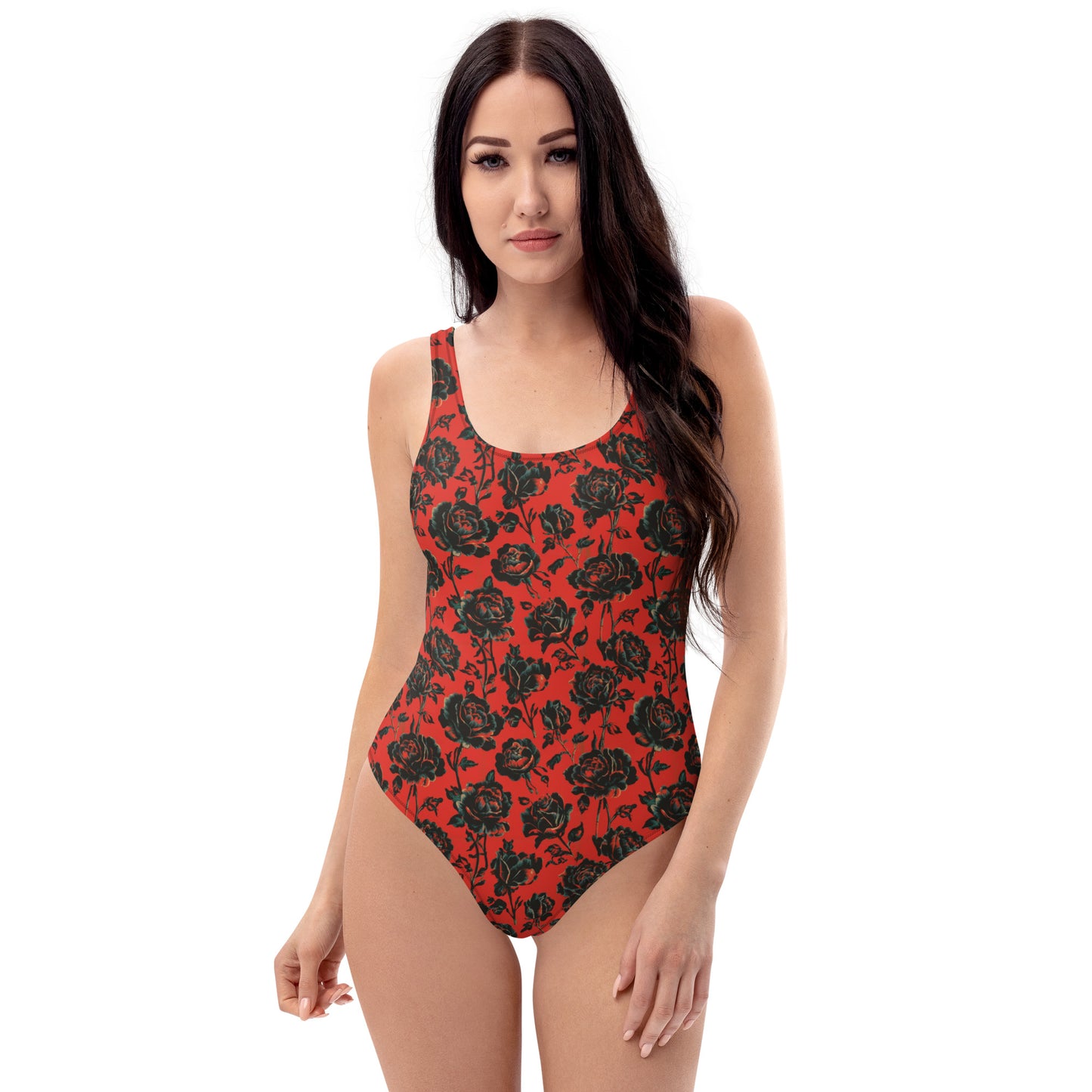 Vampire Art Timeless Low Back One-Piece Swimsuit - Red with Black Roses