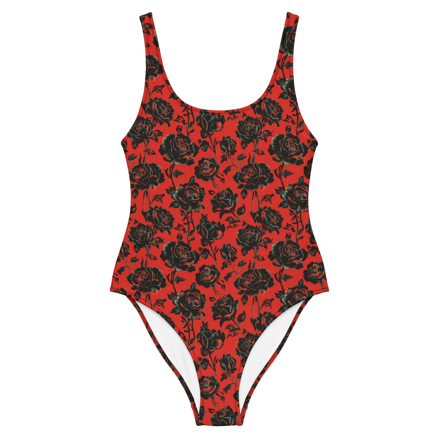 Vampire Art Timeless Low Back One-Piece Swimsuit - Red with Black Roses