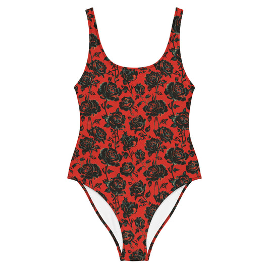 Vampire Art Timeless Low Back One-Piece Swimsuit - Red with Black Roses