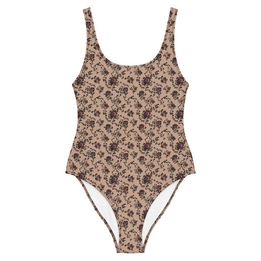 Vampire Art Timeless Low Back One-Piece Swimsuit - Beige with Roses