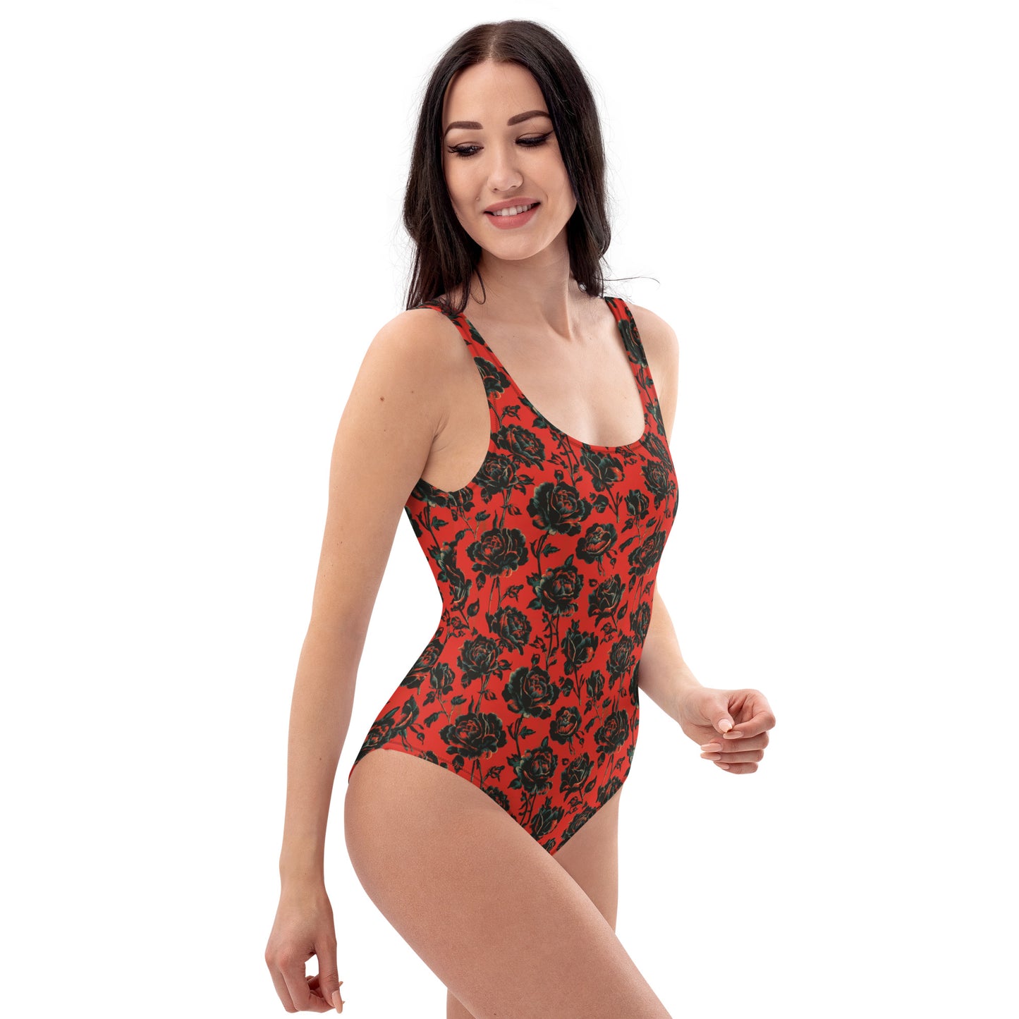 Vampire Art Timeless Low Back One-Piece Swimsuit - Red with Black Roses