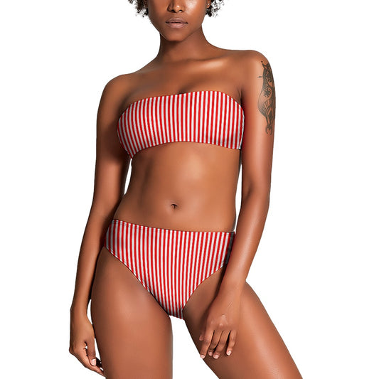 Vampire Art Two Piece Bandeau Strapless Retro Bikinis Swimsuit - Red and White Vertical Stripes