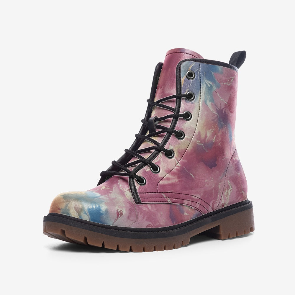 Vampire Art Tie-Dye Hippie Boho Festival Vegan Leather Unisex Combat Boots - Candy Floss - US sizes