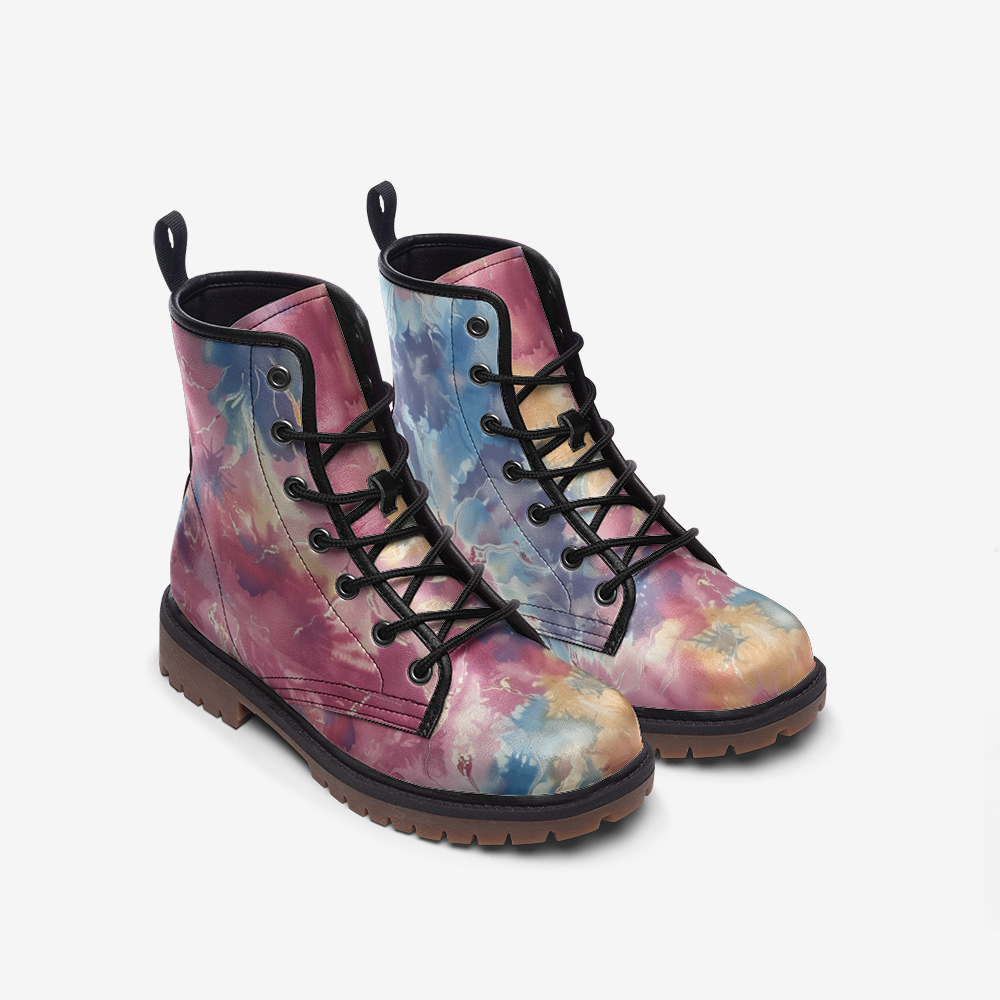 Vampire Art Tie-Dye Hippie Boho Festival Vegan Leather Unisex Combat Boots - Candy Floss - US sizes