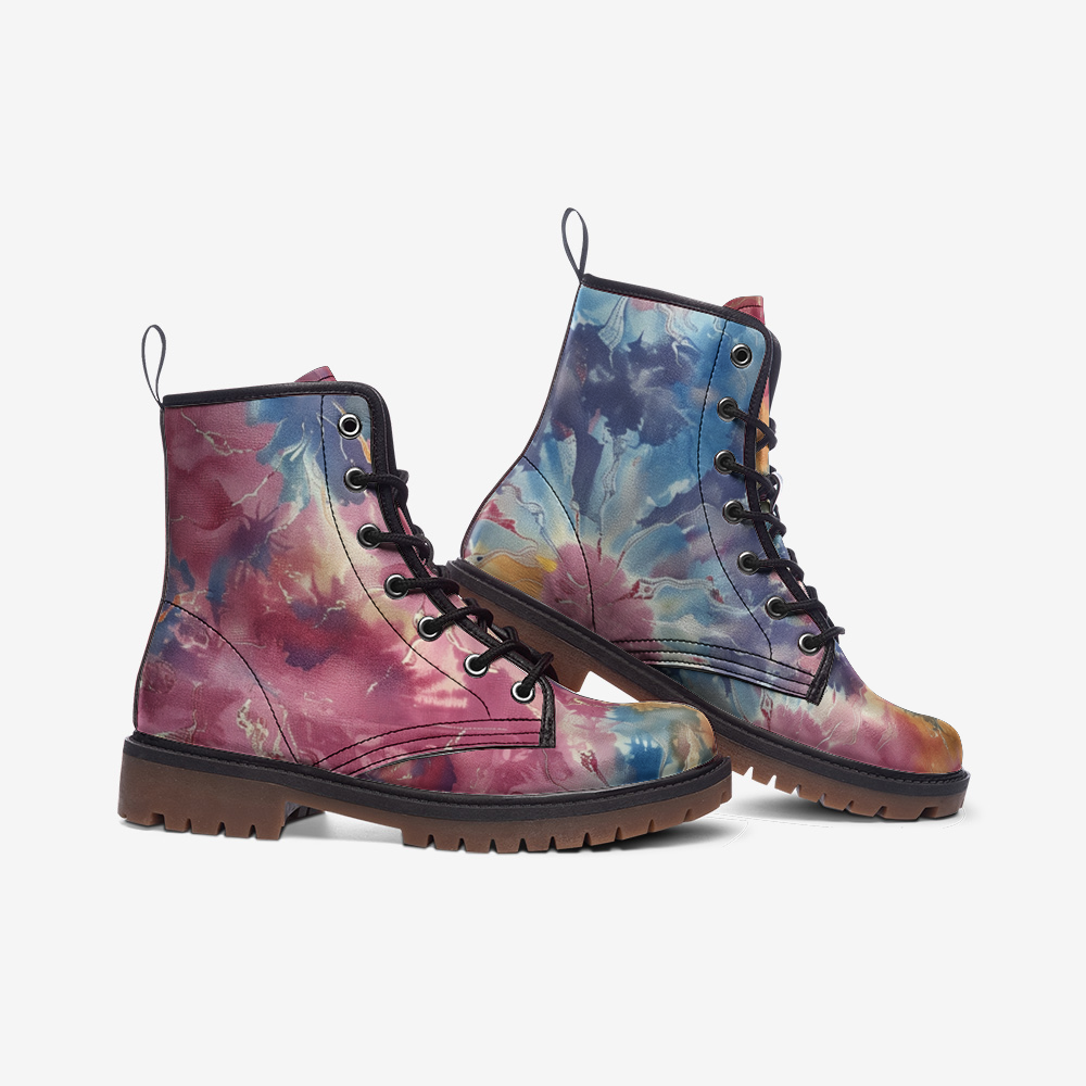 Vampire Art Tie-Dye Hippie Boho Festival Vegan Leather Unisex Combat Boots - Candy Floss - US sizes