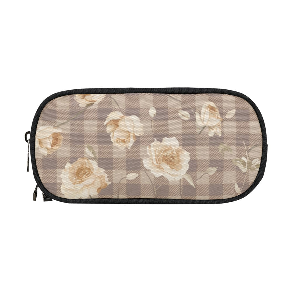 Vampire Art Studio Caddy: Deluxe Pencil Pouch - Brown Khaki Floral Cottagecore Gingham