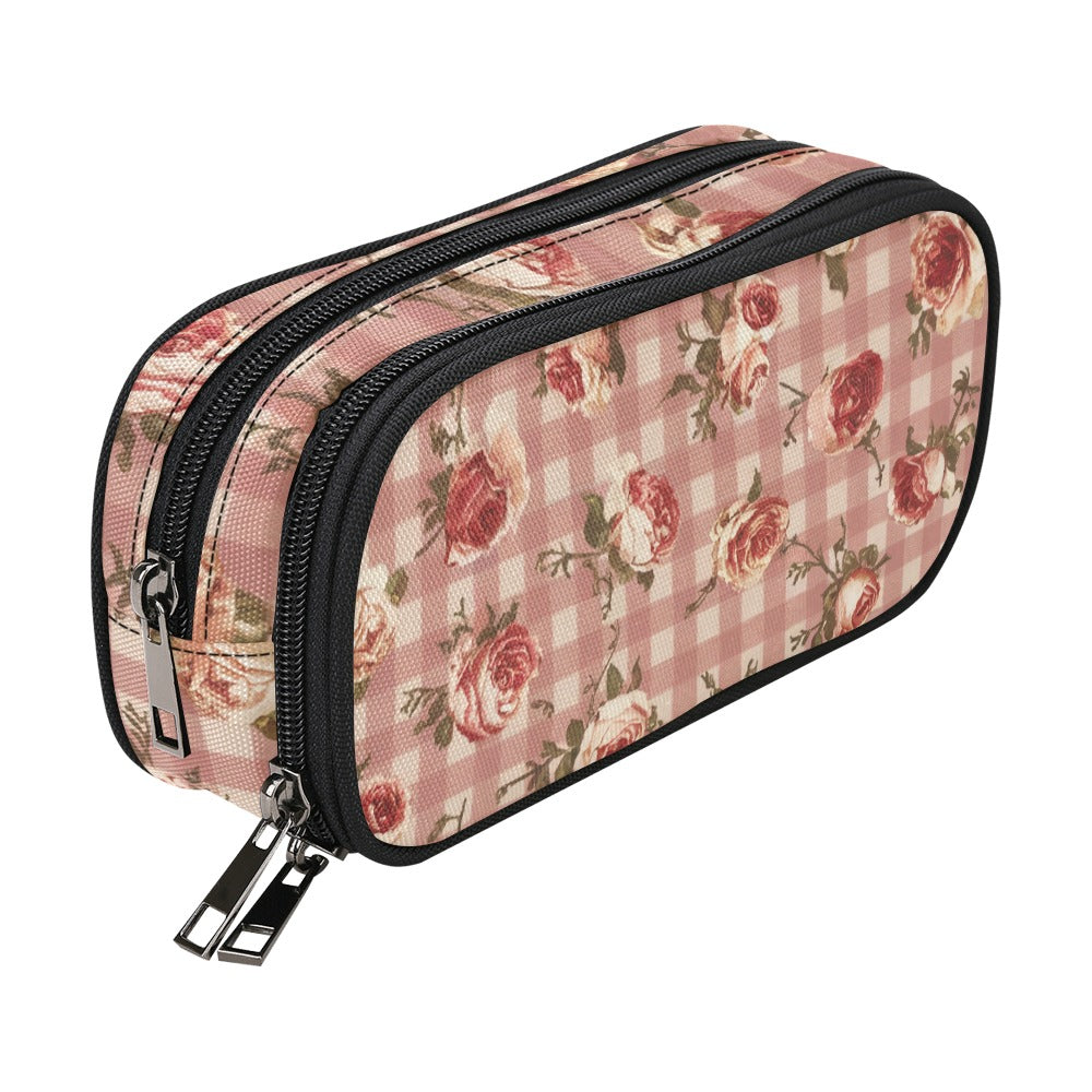 Vampire Art Studio Caddy: Deluxe Pencil Pouch- Cottagecore Red Gingham with Roses