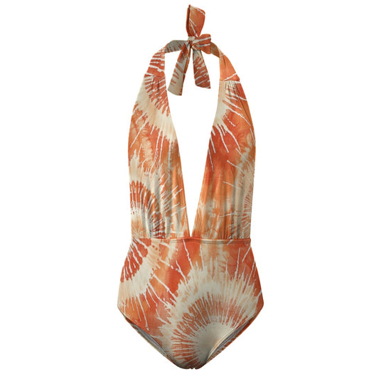 Vampire Art Hippie Tie-Dye Motif Festival Boho One Piece Halter Swimsuit - Orange