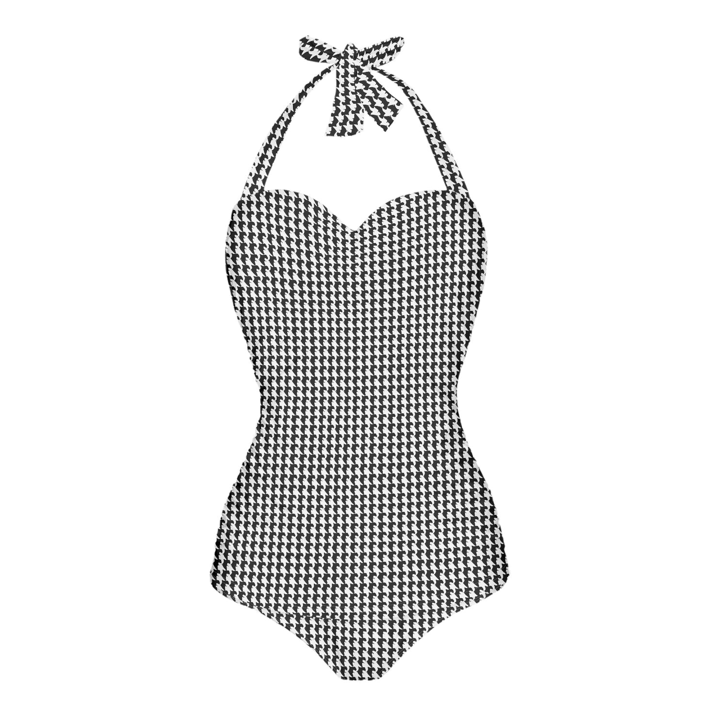 Vampire Art Vintage Chic Halter Neck One-Piece Swimsuit - Black and White Houndstooth