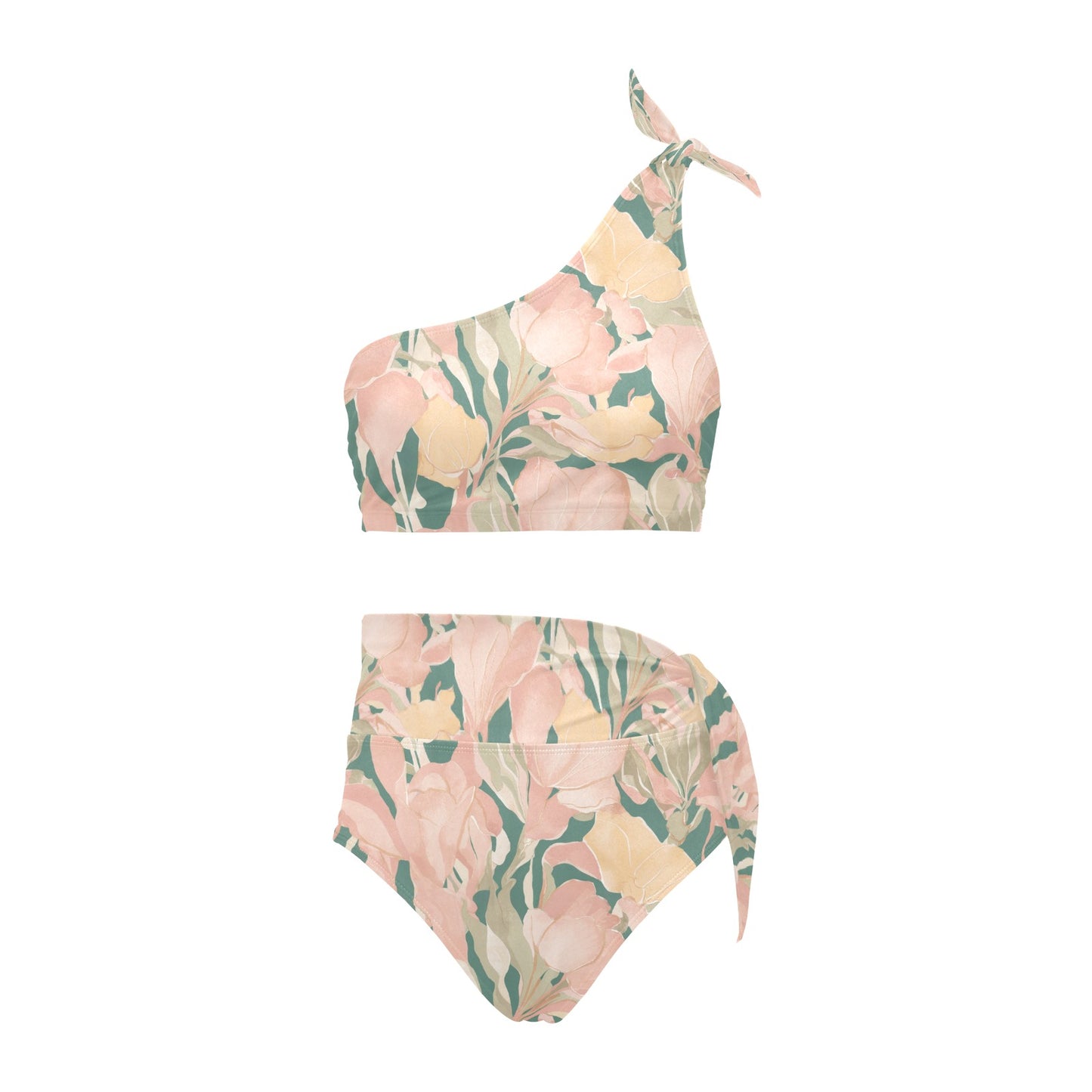 Vampire Art Retro Romantic Floral High Waisted One Shoulder Bikini Set with Waist Scarf