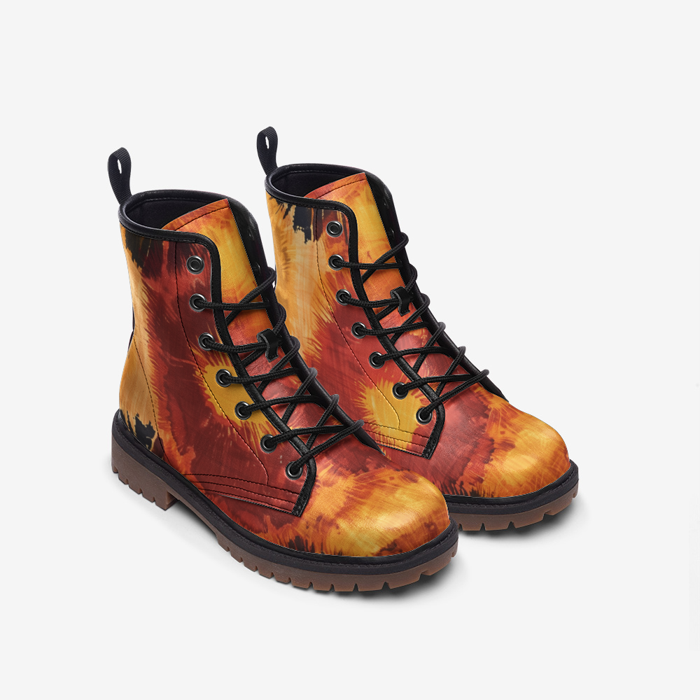 Vampire Art Tie-Dye Hippie Boho Festival Vegan Leather Unisex Combat Boots - Flames - US sizes