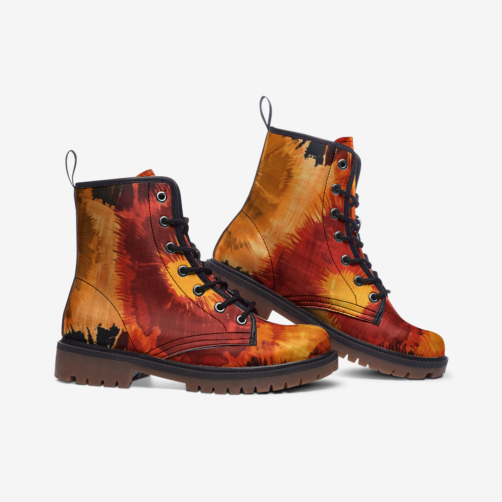 Vampire Art Tie-Dye Hippie Boho Festival Vegan Leather Unisex Combat Boots - Flames - US sizes