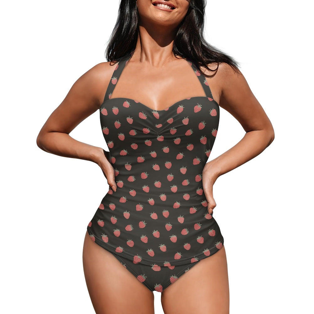 Vampire Art Vintage Chic Halter Neck One-Piece Swimsuit - Strawberries in Black