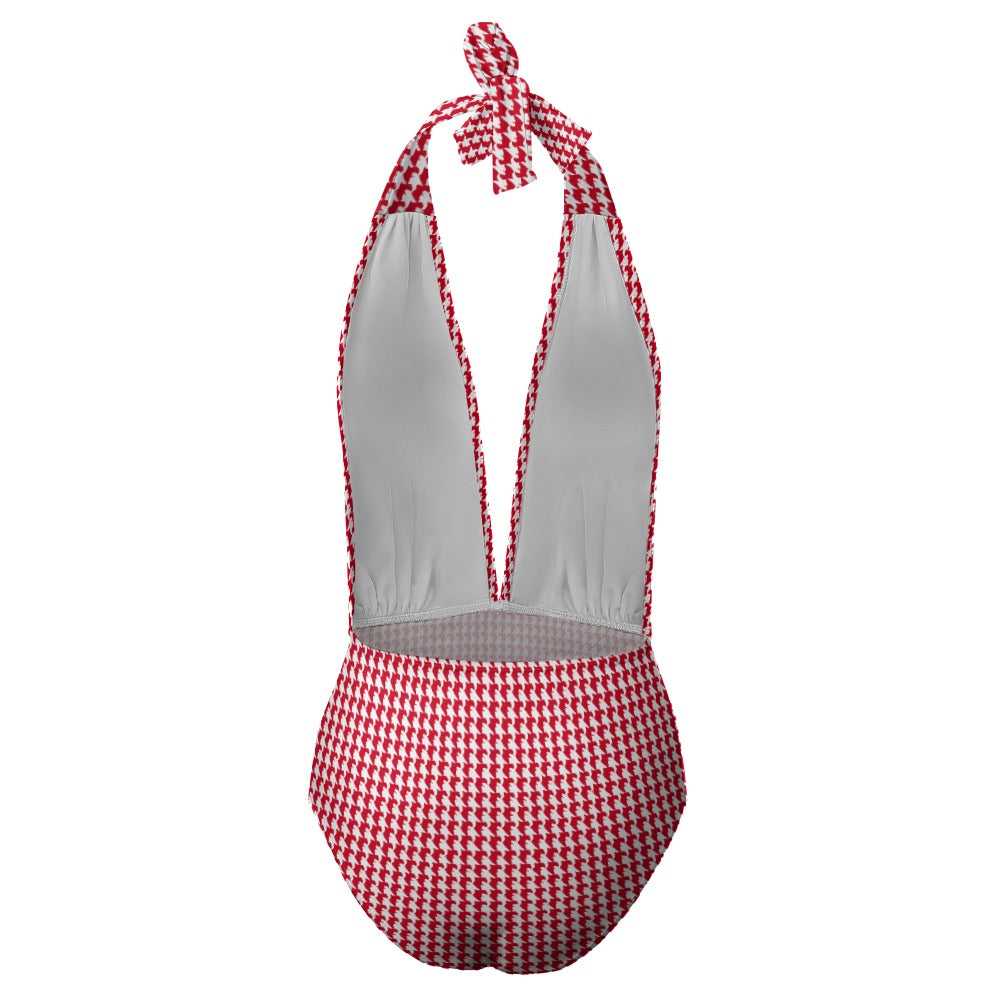 Vampire Art Retro Ladies Halter One Piece Swimsuit - Red Houndstooth