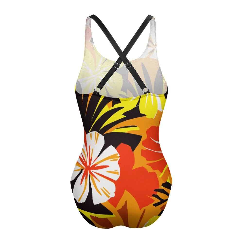 Vampire Art Retro Criss Cross One-Piece Sporty Swimsuit - Bold Sixties Florals in Yellow and Red