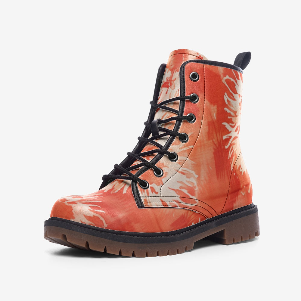 Vampire Art Tie-Dye Hippie Boho Festival Vegan Leather Unisex Combat Boots - Coral - US sizes