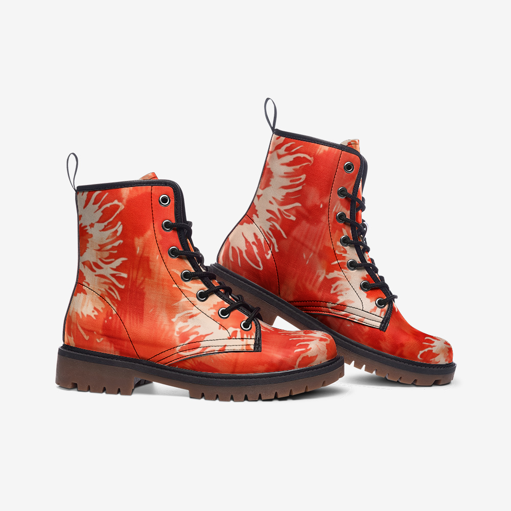 Vampire Art Tie-Dye Hippie Boho Festival Vegan Leather Unisex Combat Boots - Coral - US sizes