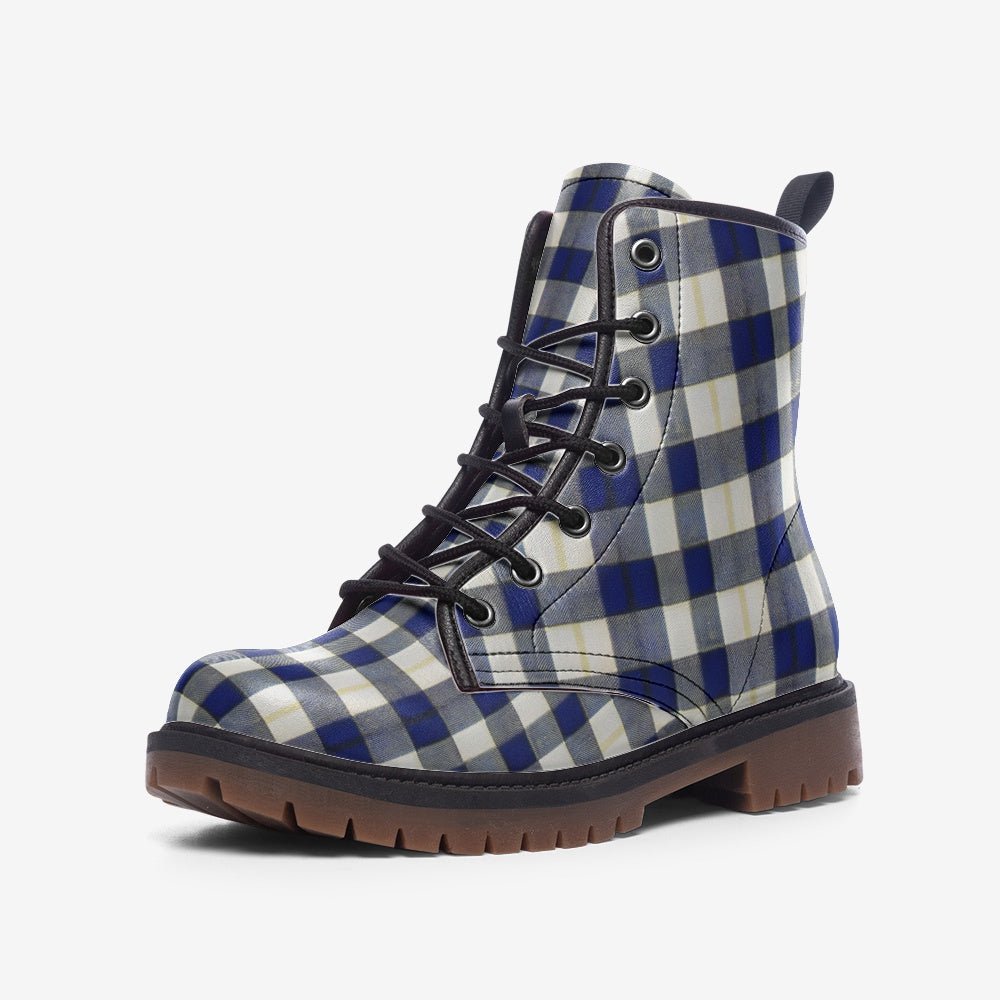 Vampire Art Tartan Grunge Unisex Vegan Leather Combat Boots -Blue and White - US size