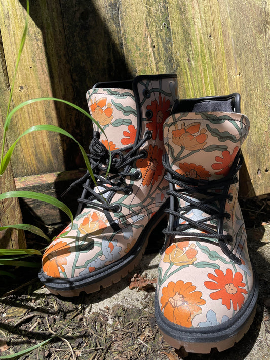 Vampire Art Retro Art Nouveau Floral Casual Faux Leather Lightweight Boots - Orange Floral