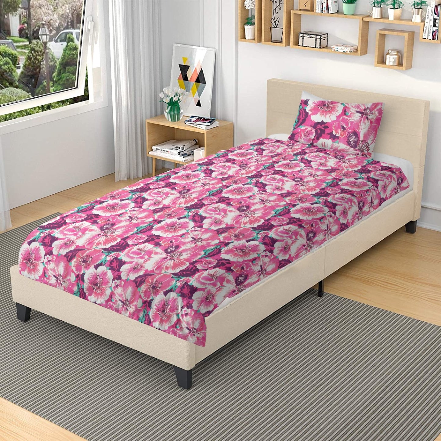 Vampire Art 3-Piece Retro Polyester Bedding Set - Pink Surfy Florals