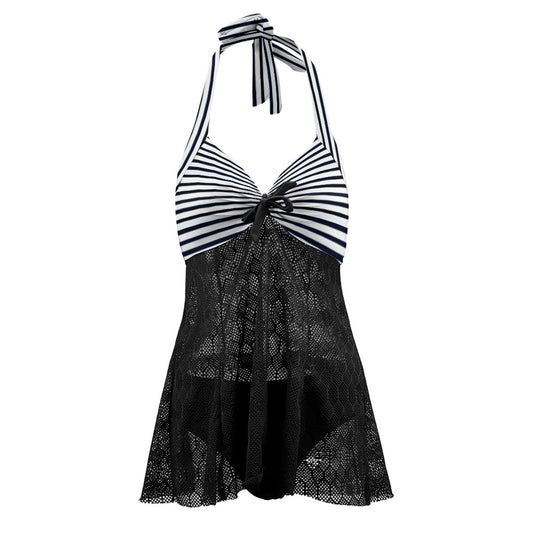 Vampire Art Goth Halter Two Piece Mesh Tankini Swimsuit - Black and White Stripy