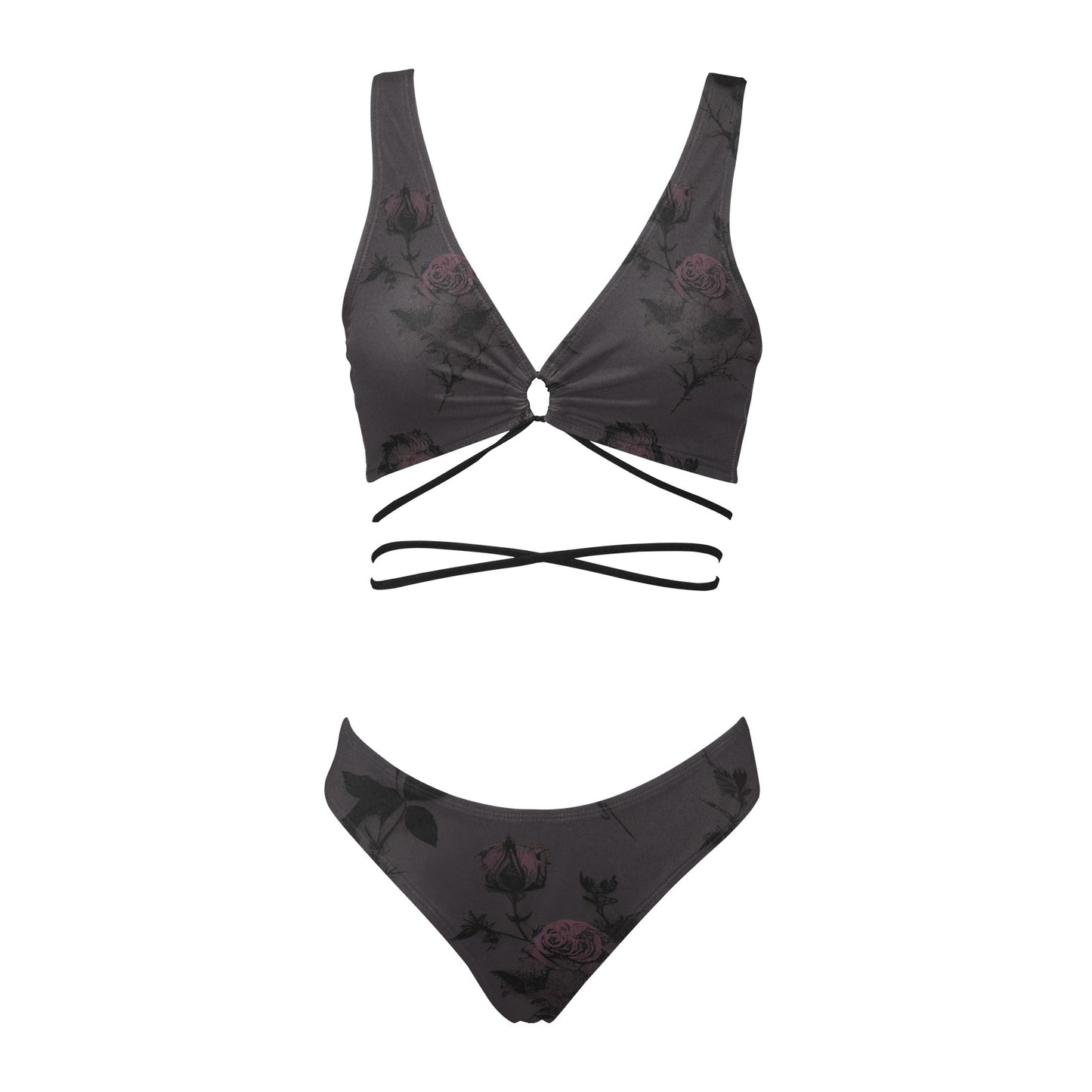 Vampire Art Retro Cross String Bikini Set - Grunge Charcoal Roses