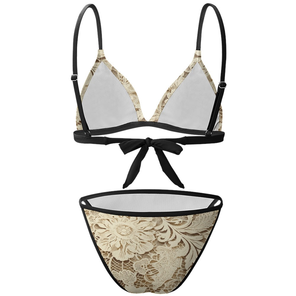 Vampire Art Retro 2-Piece Glam Bikini Swimsuit - Cream Lace Print