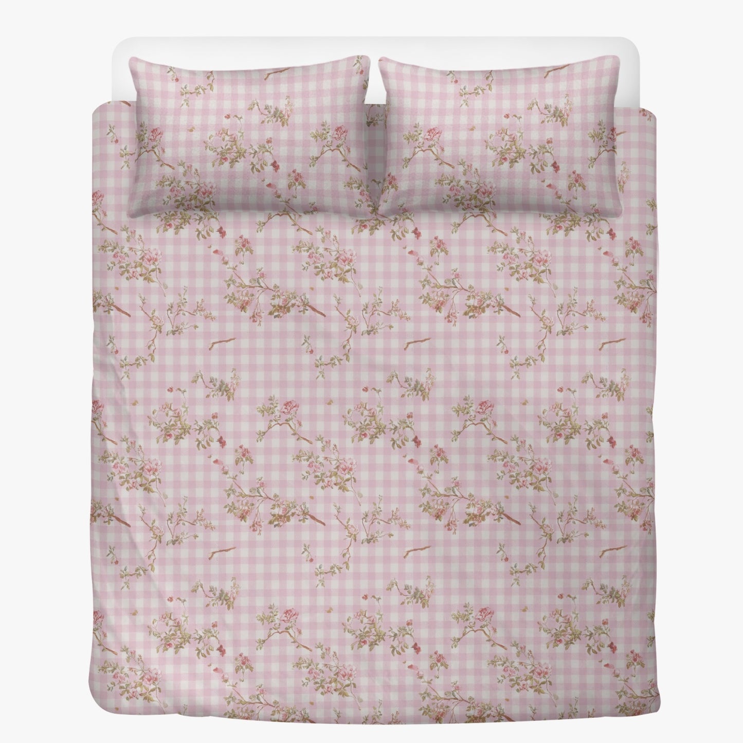 Vampire Art 3-Piece Retro Polyester Bedding Set - Pink Chequered with Flowers