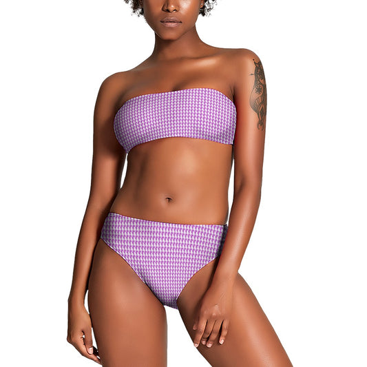 Vampire Art Two Piece Bandeau Strapless Retro Bikinis Swimsuit - Lilac Houndstooth