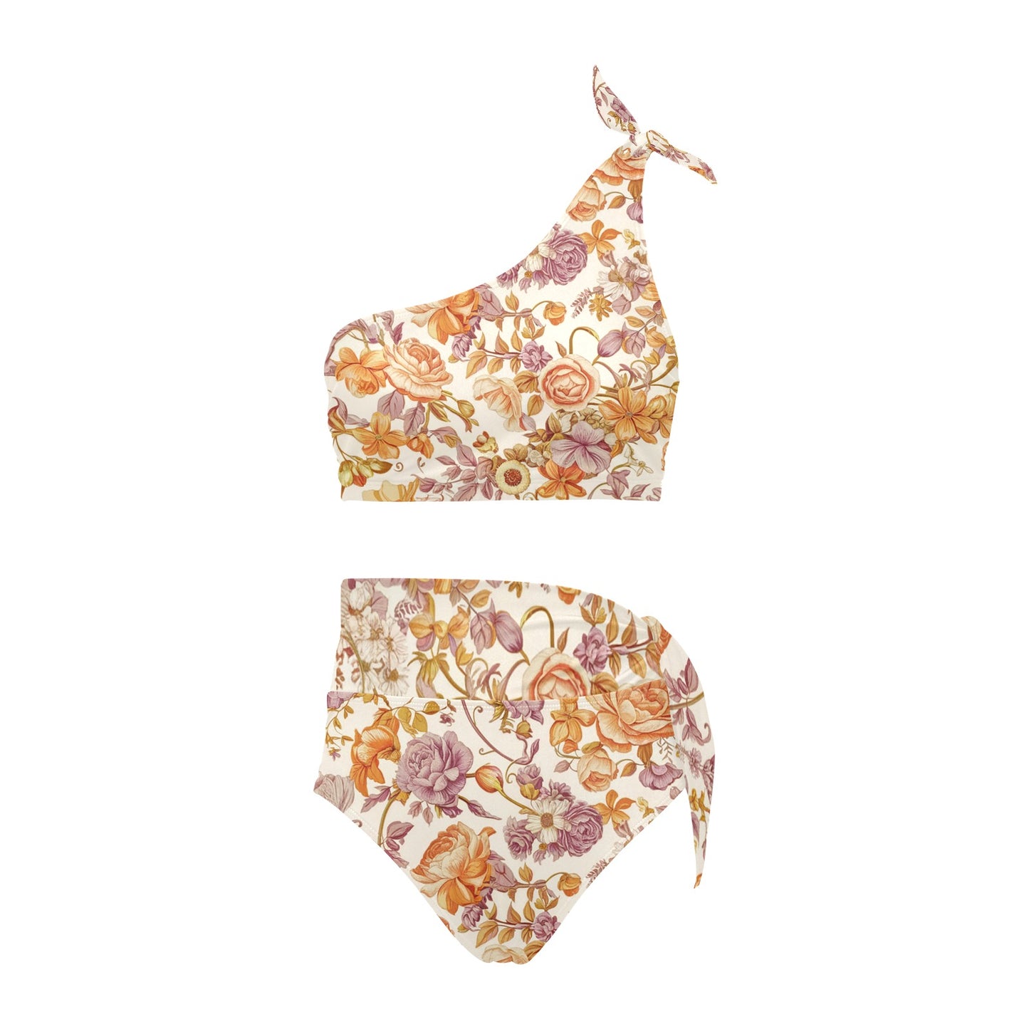 Vampire Art Retro High Waisted One Shoulder Bikini Set - Orange and Lilac Florals