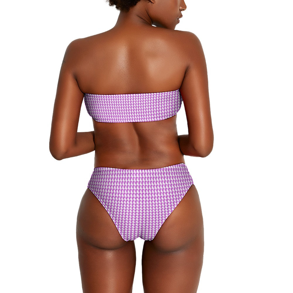 Vampire Art Two Piece Bandeau Strapless Retro Bikinis Swimsuit - Lilac Houndstooth