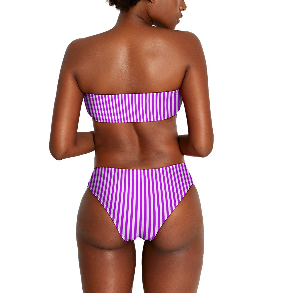 Vampire Art Two Piece Bandeau Strapless Retro Bikinis Swimsuit - Lilac Vertical Stripes