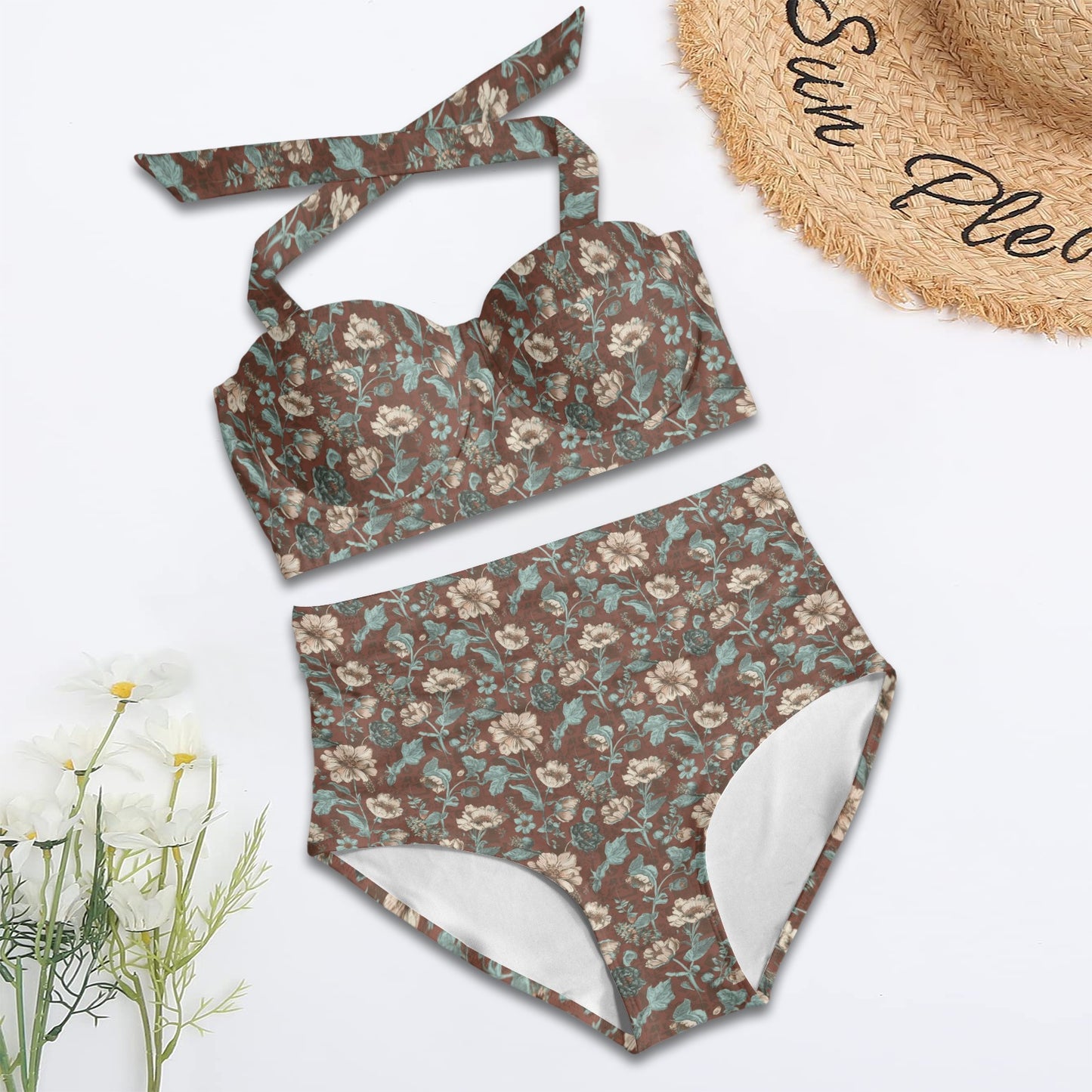 Vampire Art Vintage Charm Floral Halter Bikini - Brown and Teal