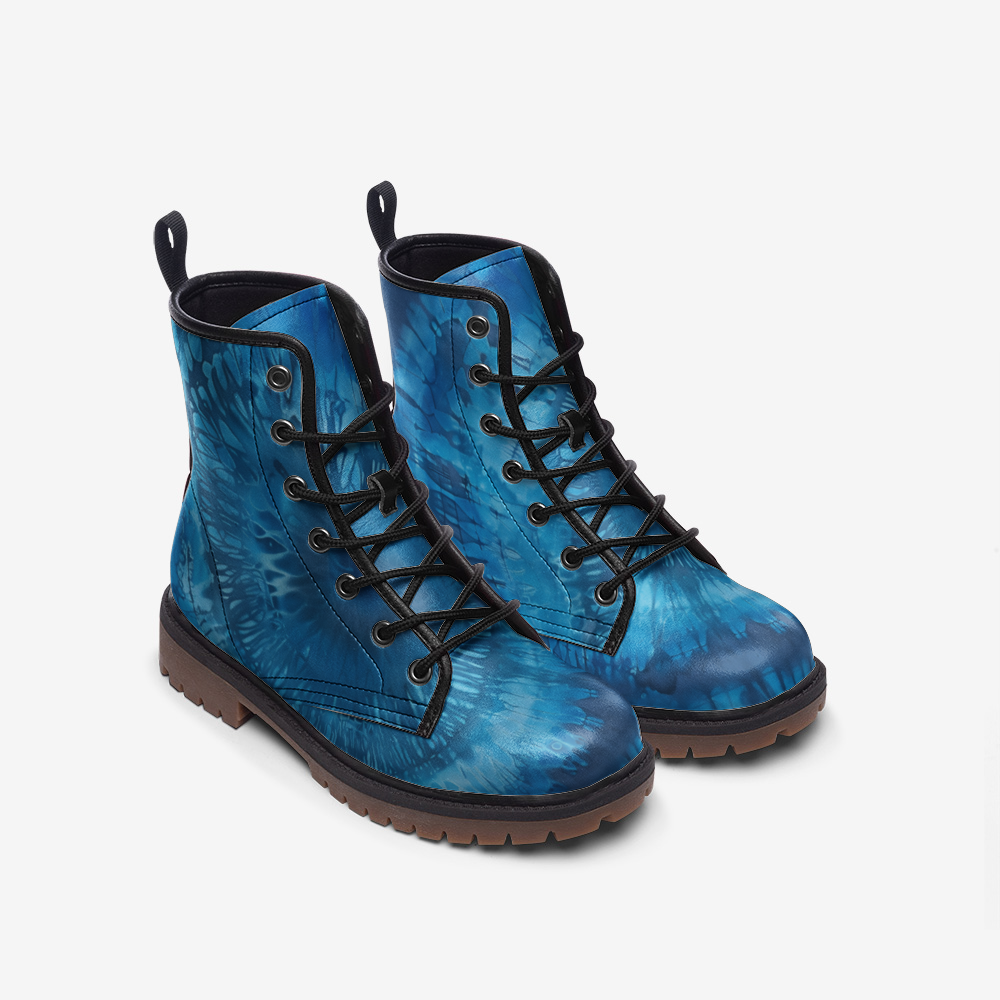 Vampire Art Tie-Dye Hippie Boho Festival Vegan Leather Unisex Combat Boots - Ocean Blue - US sizes