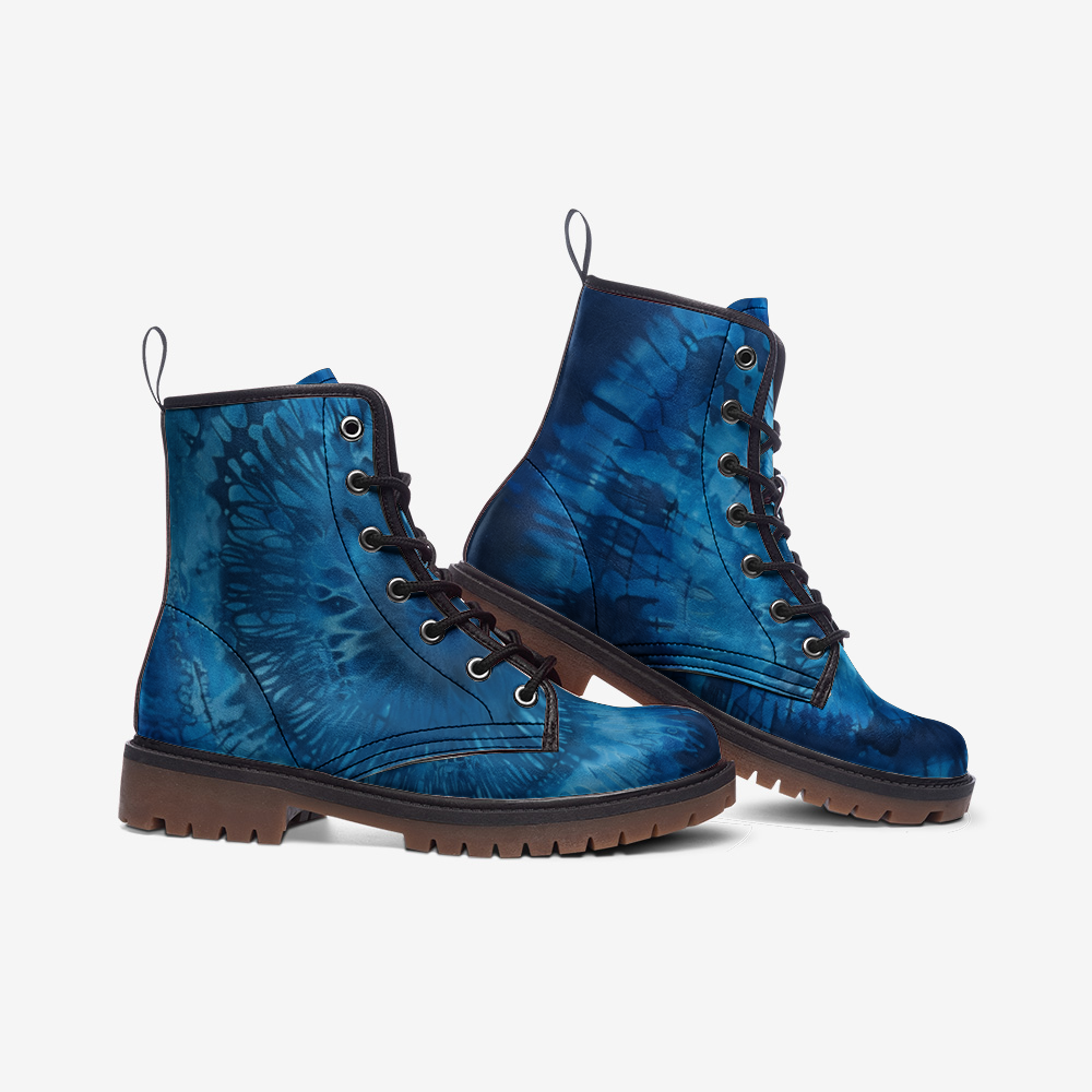 Vampire Art Tie-Dye Hippie Boho Festival Vegan Leather Unisex Combat Boots - Ocean Blue - US sizes