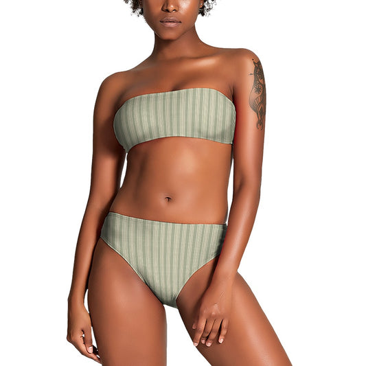 Vampire Art Two Piece Bandeau Strapless Retro Bikinis Swimsuit - Grandad Stripes in Khaki